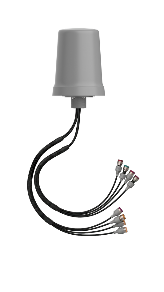 Gray cylindrical meraki cw-ant-t-o3-n tri-band omnidirectional antenna with black cables and colored n-type connectors