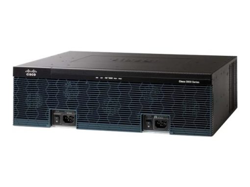 Cisco 3925 HSEC+ router with black chassis, blue mesh panel, silver PSU