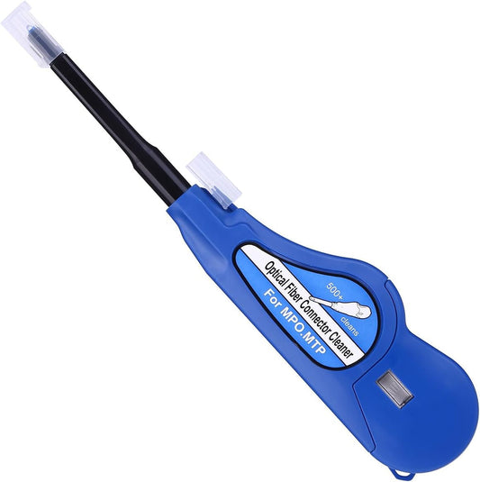 A blue and black fiber optic pull connector hammer with a clear protective cap on the tip, shown on a plain white background.