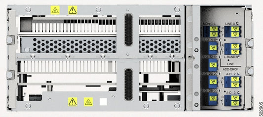 Cisco NCS1K-OLT-C C-band OLT line card in silver rack with yellow labels