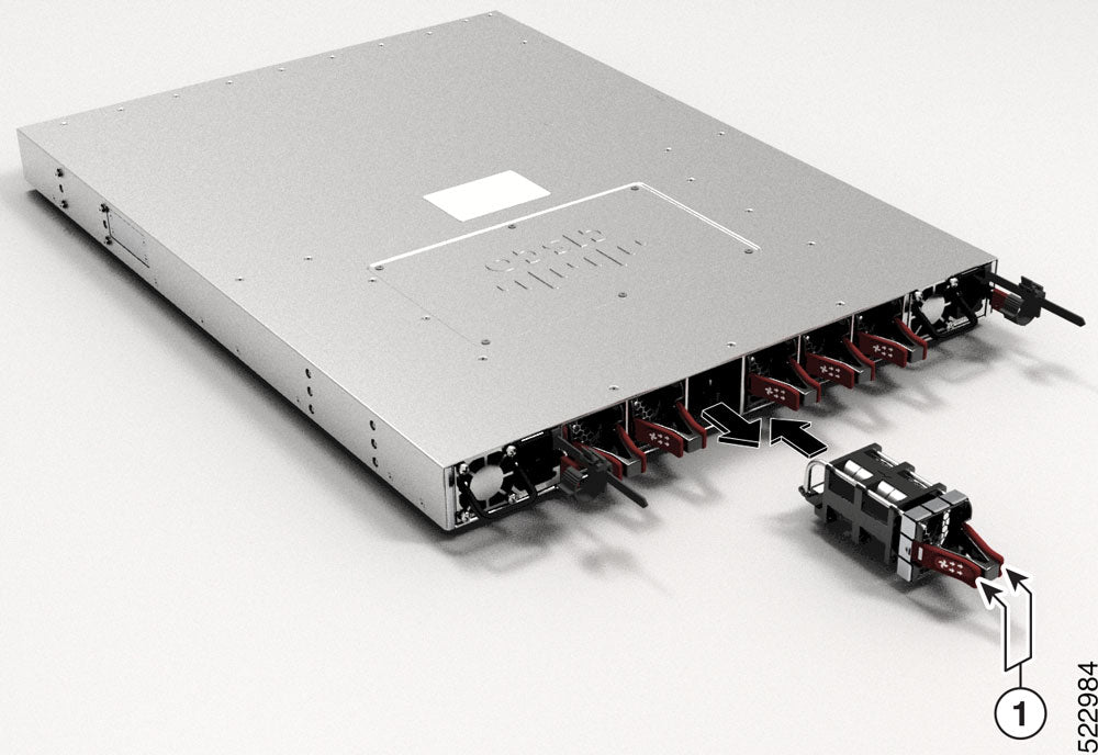 Cisco FAN-1RU-PI-V2 1RU fan module with silver rectangular PSU and red black connectors