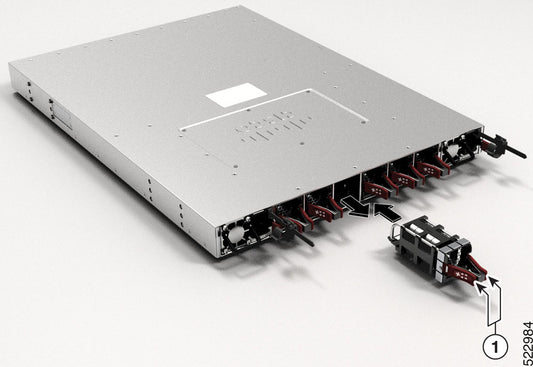 Cisco FAN-1RU-PI-V2 1RU fan module with silver rectangular PSU and red black connectors