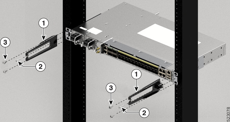Silver cable management bracket with black plastic housing and metallic mounts for Cisco 8010 series routers