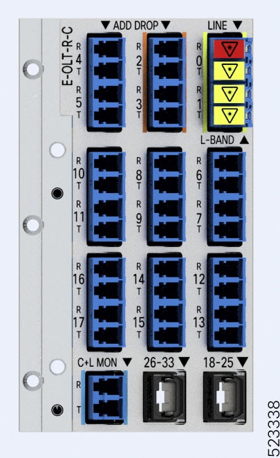 Cisco NCS1K-E-OLT-R-C OLT with blue patch panel and color-coded labels