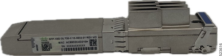 Cisco SFP-10G-OLT20-X 10G XGS-PON OLT module with silver transceiver, blue label, heatsinks