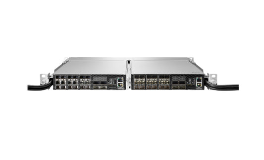 HPE Q9E63A switch with silver rack, black cables, 18x SFP28 ports