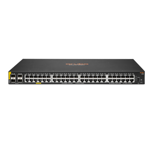 Aruba JL676A 48-port 1G switch with 4x 10G SFP+ uplinks, sleek black design