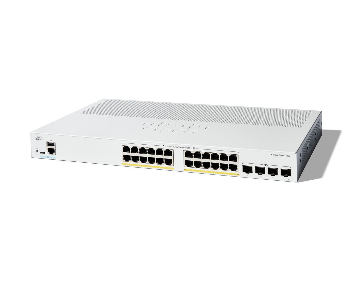 Cisco C1200-24P-4X | 24x 1G RJ45, PoE+ (802.3at); 4x 10G SFP+ uplinks; smart-managed, license-free