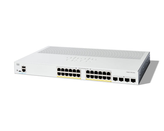 Cisco C1200-24P-4X | 24x 1G RJ45, PoE+ (802.3at); 4x 10G SFP+ uplinks; smart-managed, license-free