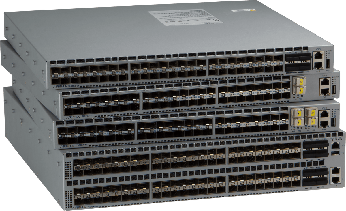 Stacked arista dcs-7050sx3-48yc8c-dc-f 48-port 25g switch with 8x 100g qsfp black ports in metallic gray chassis