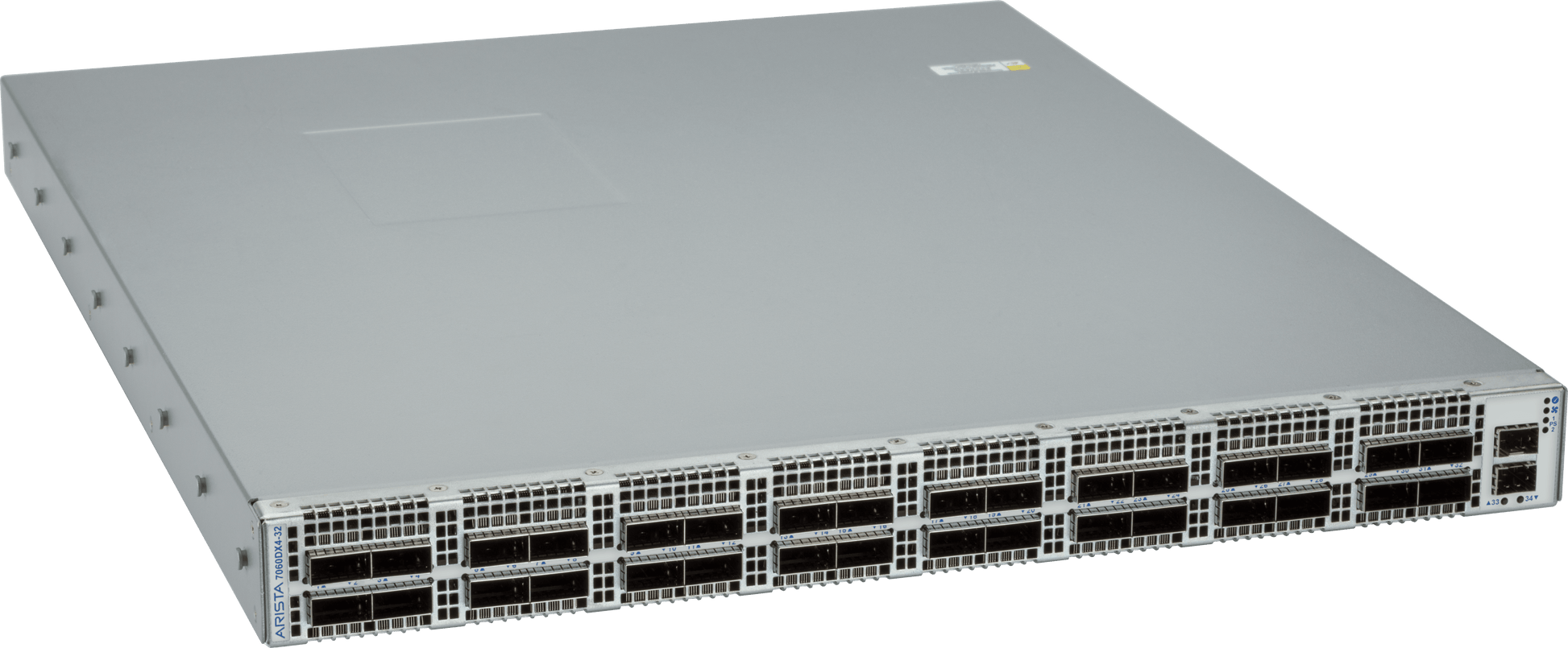 Gray metal arista dcs-7060dx4-32-f server rack with multiple ports and ventilation slots on the front panel