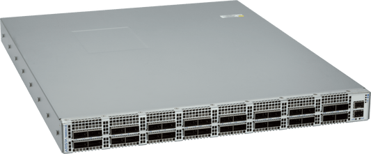 Gray metal Arista DCS-7060DX4-32C-RV3-F 7060X4 32-port 400G front switch with ventilation slots for front-to-rear air