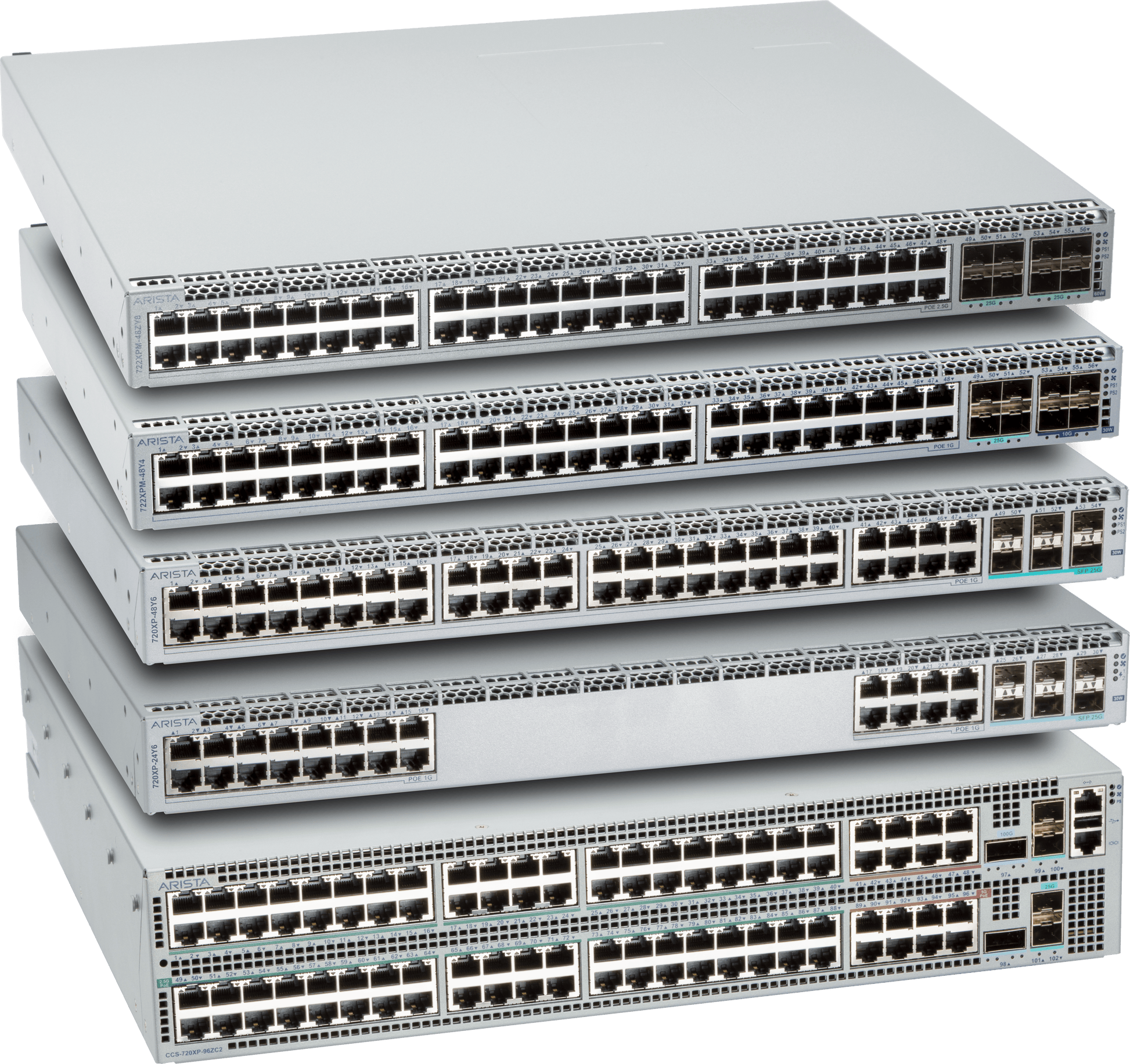 Stack of five silver arista ccs-722xpm-48zy8-f 48-port 2.5g poe+ network switches with black ethernet ports