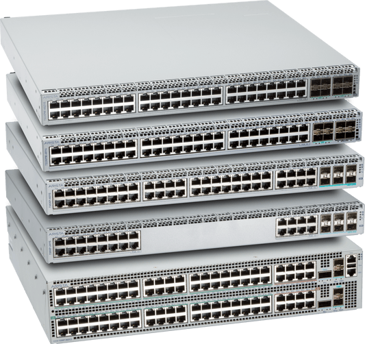 Stack of five silver arista ccs-722xpm-48y4-r gigabit poe+ switches with 48 ports and sleek metallic chassis