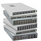 Stack of white arista dcs-7280cr3-36s-flx-f server racks with ventilation slots and front panel indicators