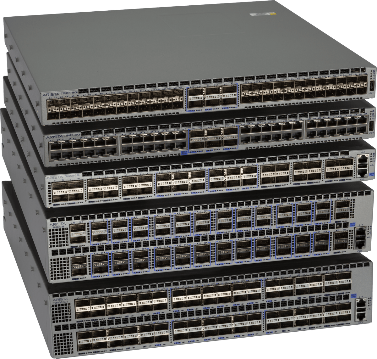 Stack of five silver arista dcs-7280cr3-32d4-f network switches with 32 ports 100g and blue accent lighting