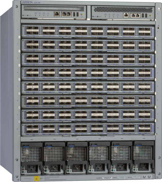 Gray metal arista dcs-7308x3-fm-f fabric module with multiple rows of ports and power supply units front-to-rear airflow