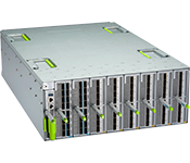 Silver-colored arista dcs-7388x5-sc switch card with green-lit slots and 8 module slots in a 4ru server rack