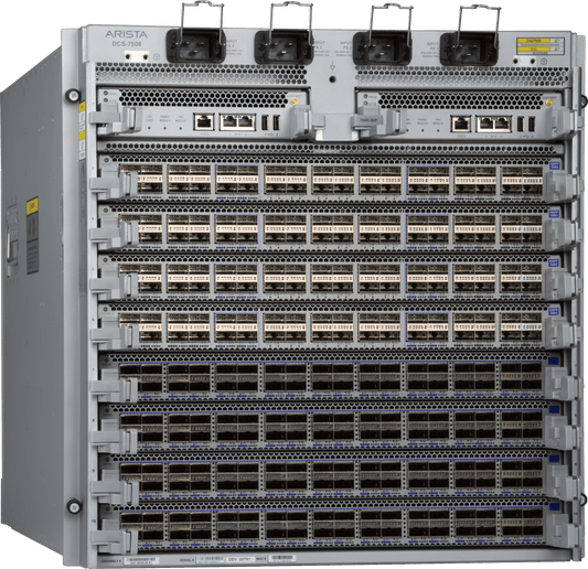 Arista dcs-7508n-ch 7500r3 gray metal 8-slot modular network switch with dense ethernet ports and 230tbps capacity