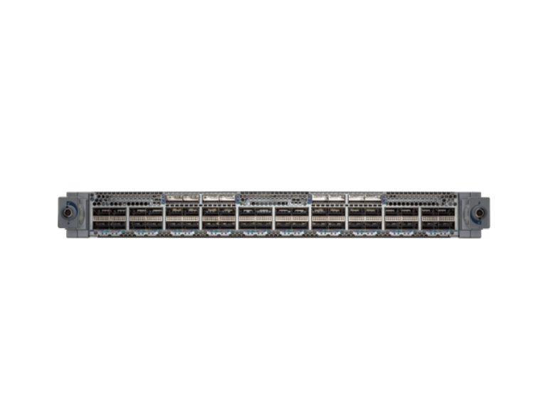Gray metal back side of arista dcs-7800r3-48cq2-lc 7800r3 48-port 100g qsfp28 line card with ventilation slots