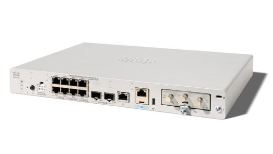 White cisco catalyst 9800 series switch rear panel with multiple ethernet ports and control knobs for meraki c8235-g2 router