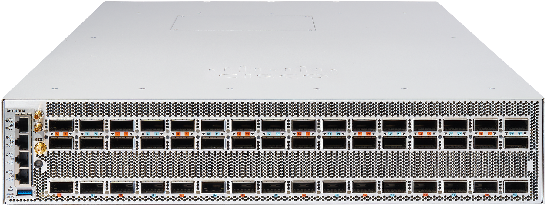 Cisco 8212-48FH-AC-MT white metal server rack with perforated front panel and ports