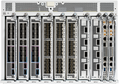 Cisco 8608-SYS 8-slot chassis with silver rack and black mesh panels