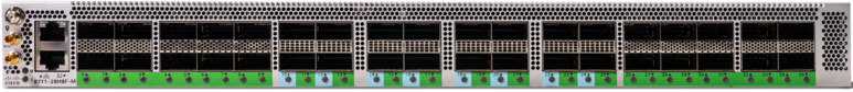 Black and green back side of cisco 8711-28h8f-m 8700 router with 28x 100g qsfp28 and 8x 400g qsfp56-dd ports and lights