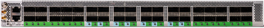 Black and green back side of cisco 8711-28h8f-m 8700 router with 28x 100g qsfp28 and 8x 400g qsfp56-dd ports and lights