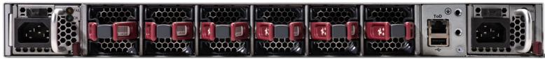 Back side of black and red Cisco 8711-28H8F-M 8700 router with honeycomb ventilation and multiple power and usb ports