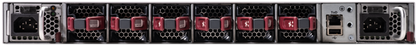 Back side of black and red Cisco 8711-28H8F-M 8700 router with honeycomb ventilation and multiple power and usb ports
