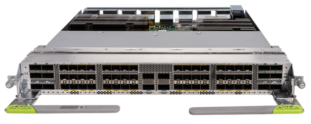 Silver-colored cisco 88-lc1-48y8h-em 8800 line card with 48 sfp28 8 qsfp28 and 8 qsfp56-dd ports and perforated front panel