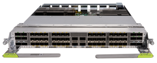 Silver-colored cisco 88-lc1-48y8h-em 8800 line card with 48 sfp28 8 qsfp28 and 8 qsfp56-dd ports and perforated front panel
