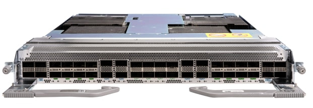 Silver-colored Cisco 88-LC1-16H16F-EM 8800 series line card back with black network ports and perforated metal panel