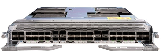 Silver-colored Cisco 88-LC1-16H16F-EM 8800 series line card back with black network ports and perforated metal panel