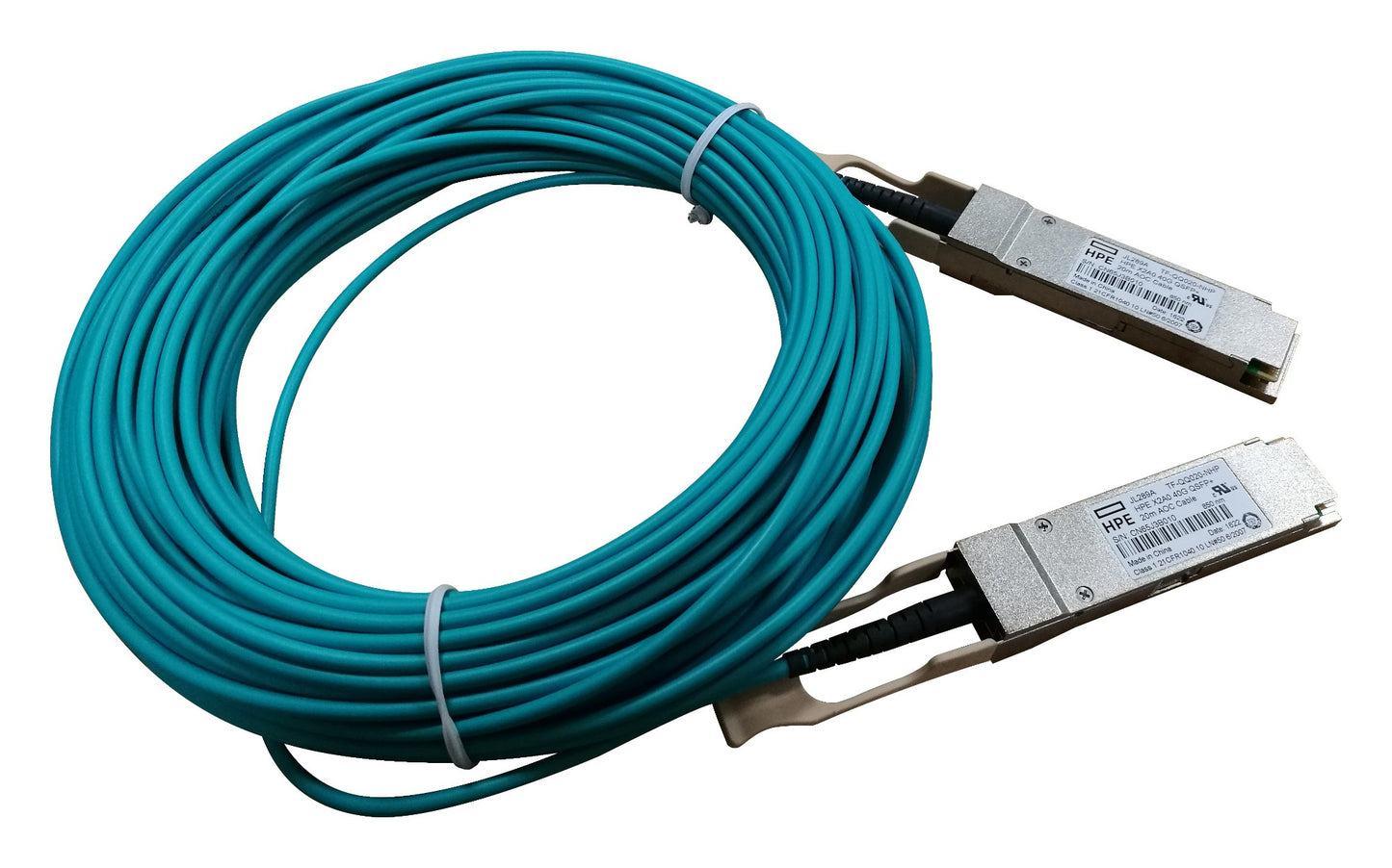 HPE JL289A 40G QSFP+ AOC blue fiber optic cable, 20m coiled
