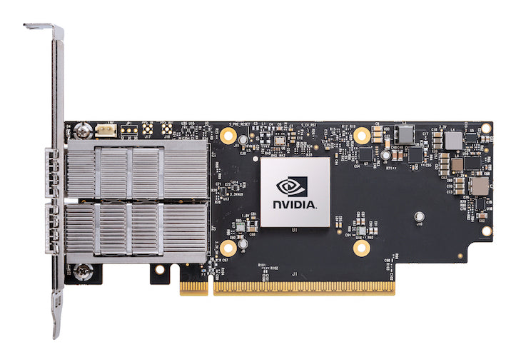 Cisco UCSC-P-N7Q25GF connectx-7 4-port 25gbe network card with black pcb silver heatsink and gold-plated pcie 4.0 x16 connector
