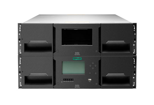 HPE Q6Q62C MSL3040 3U tape library with black rackmount server and LTO bays