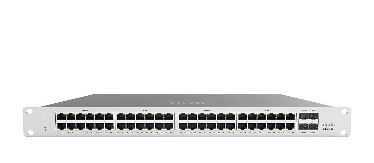 Meraki MS120-48LP-HW | 48x 1G access, PoE+ 802.3af/at 370W, 4x 1G SFP uplinks, L2 cloud-managed, Enterprise license
