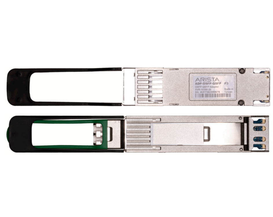 Silver arista adpt-o-q-100g3 osfp to qsfp28 adapter with black protective housing and green internal latch mechanism