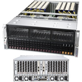 Silver supermicro as-4124gs-tnr 4u dual amd epyc gpu server with black drive bays and cooling fans in sleek industrial design