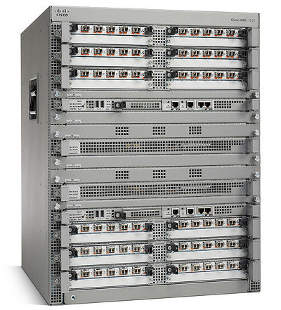 Cisco ASR1013 silver rack chassis with slots, ports, redundant PSUs
