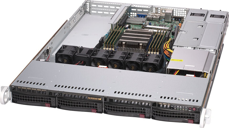 Silver and black supermicro as-1014s-wtrt 1u rackmount server with multiple fans ram modules and drive bays