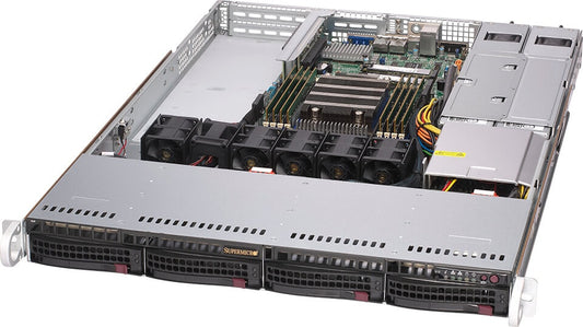 Silver and black supermicro as-1014s-wtrt 1u rackmount server with multiple fans ram modules and drive bays