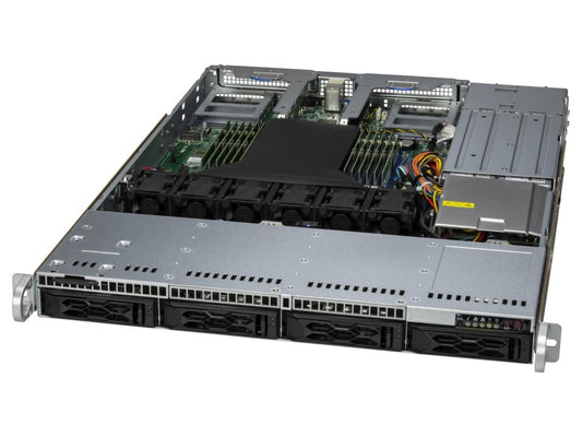 Silver supermicro as-1015cs-tnr 1u rackmount server with black drive bays and amd epyc 9004 clouddc components visible