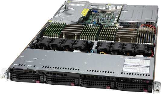 Silver and black Supermicro AS-1024US-TRT server rack with green RAM modules cooling fans and visible motherboard