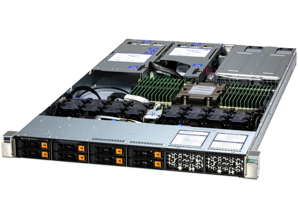 Silver supermicro as-1115hs-tnr 1u server rack with black and orange drive bays green ram and multiple cooling fans inside