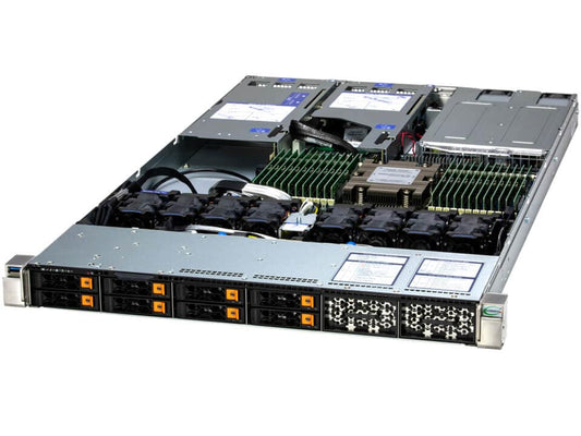 Silver supermicro as-1115hs-tnr 1u server rack with black and orange drive bays green ram and multiple cooling fans inside