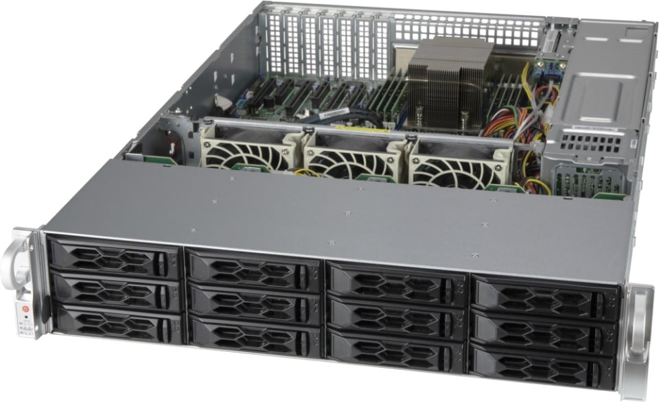 Supermicro as-2014s-tr 2u single-socket silver rackmount server with black front panel drive bays and internal fans