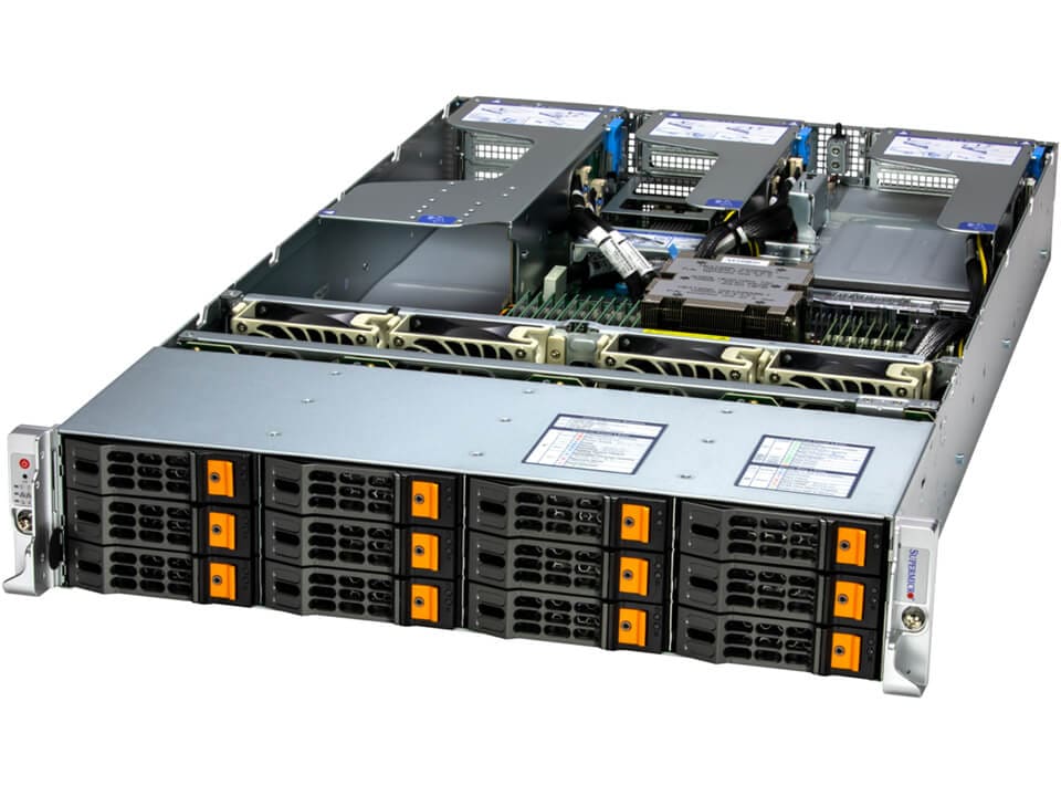 Silver-colored Supermicro AS-2015HS-TNR 2U rack server with black and orange drive bays and modular high-density storage design